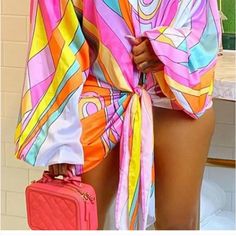 $39 Rainbow Bright Tie-Front Blouse S-M-L-Xl Pink V-neck Blouse For Vacation, Spring Printed Blouse For Loungewear, Printed Blouse For Spring Loungewear, Printed Blouse For Loungewear In Spring, Pink Summer Loungewear Blouse, Pink Long Sleeve Blouse For Loungewear, Multicolor Long Sleeve Summer Blouse, Feminine Multicolor Blouse For Day Out, Trendy Pink Blouse For Brunch