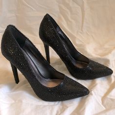 Dare To Dazzle With These Never Worn Diba Blossom Pointed Toe Stiletto Pumps In Black Fabric Embellished With Black Rhinestones To Give These Heels Some Gorgeous Bling. Go Ahead, Strut Your Stuff! Us Size 7.5; Medium Width; 4.5” Heel Fabric Upper; Man Made Lining And Sole Please Review All Pics And Zoom In For Detail, As Pics Are Part Of The Description. Note That One Rhinestone Is Missing On The Right Heel (Pictured) “Esther, Esther, Esthernow You Know You Can’t Wear 4.5” Heels, And Lets Face I Bedazzled Heels With Round Toe For Evening, Bedazzled Round Toe Evening Heels, Bedazzled Round Toe Heels For Evening, Pointed Toe Heels With Bling For Events, Bling Pointed Toe Heels For Events, Bling Heels With Pointed Toe For Events, Pointed Toe Heels With Bling, Pointed Toe Bling Heels, Fitted Bling Heels With Pointed Toe