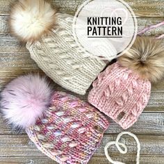 three knitted hats with pom - poms on top and the words knitting pattern below