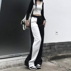 Pant Style: Wide Leg PantsMaterial: PolyesterFit Type: LOOSELength: Full LengthDecoration: SplicedOrigin: CN(Origin)Season: Spring/AutumnWaist Type: HIGHModel Number: 4KL0498Pattern Type: SolidStyle: StreetwearFront Style: Flat Fabric Type: BroadclothClosure Type: Button Fly Gothic Streetwear, E Girl Aesthetic, Egirl Clothes, Vintage Trousers, Cute Outfits For School, Pantalon Large, Style Streetwear, Kawaii Clothes, Aesthetic Fashion