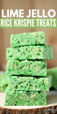 lime jello rice krispie treats stacked on top of each other with text overlay