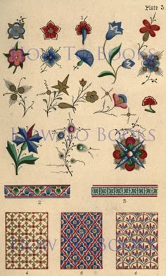 an old book with different designs and colors on it's pages, including flowers