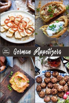 the german appetizers collage includes meatballs, breads and other delicacies