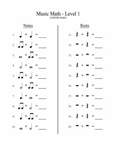 music math level 1 worksheet with notes and symbols for students to practice their skills