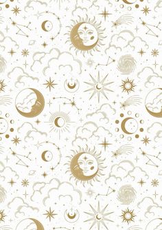 the sun, moon and stars pattern is shown in beige on white background with gold accents