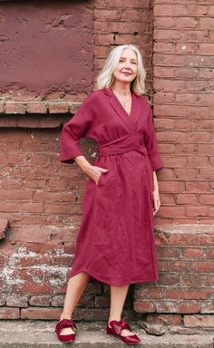 "This Belted Linen Shirt Dress is a must-have nowadays. The one presented here features lapels as in a regular jacket and double-breasted snap fastening with an extra hidden metal button at the lower part of the inseam, so you will not be worried about any incident that happens for wearing a dress. The belt serves as a fashion accent that can be tied either on the front or backside. Such a Tie Waist Dress with Pockets fits any body type, thus being a multifunctional garment to fall for. DETAILS Classic Long Sleeve Robe For Daywear, Casual Fall Daywear Robe, Summer Outerwear With Buttons For Daywear, Summer Daywear Outerwear With Buttons, Spring Shirt Dress With Lapel Collar For Daywear, Spring Long Sleeve Robe With Pockets, Spring Robe With Pockets, Casual Spring Robe, Casual Spring Daywear Robe