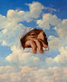 a painting of a person's eye peeking out from the clouds