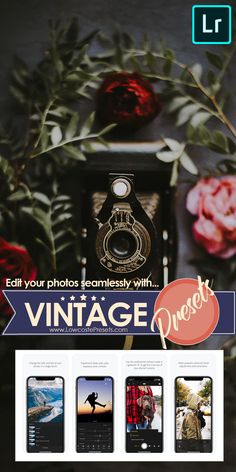 the vintage photo website is displayed with flowers and other things on it's screen