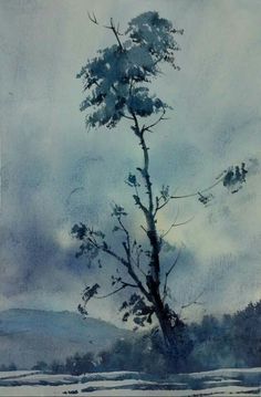 a painting of a tree in the snow