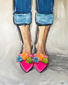 a painting of two women's legs wearing colorful shoes with flowers on the toes