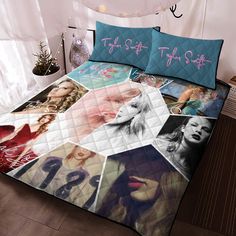 a bed with many pictures on it and the words, i love you to the bottom