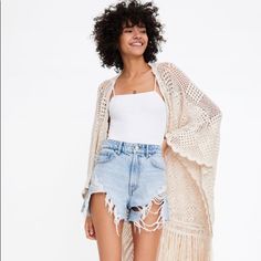 Bohemian Chic. One Size Fits All, Zara Calls It M. Bohemian Cream Cardigan For Day Out, Bohemian Crochet Top For Fall Day Out, Bohemian Cotton Outerwear For Day Out, Bohemian Fringe Summer Cardigan, Spring Beach Outerwear With Crochet Details, Crochet Outerwear For Beach In Spring, Beige Bohemian Outerwear For Day Out, White Bohemian Outerwear For Summer, Bohemian Beige Outerwear For Day Out