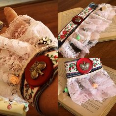 two pictures of handmade bracelets on top of an open book with lace and buttons