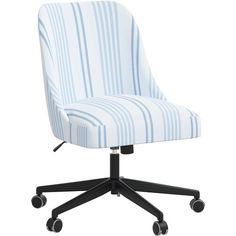 a blue and white striped office chair with wheels on an isolated white background, viewed from the front