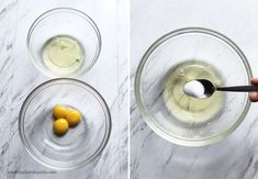 two pictures showing how to make lemon custard in a glass bowl with a spoon