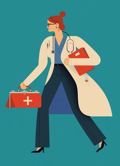 a woman in a doctor's coat is carrying a red bag and a first aid kit