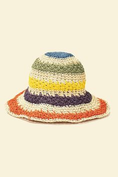 Packable crochet straw bucket hat with multi color stripes. Also comes with a size adjuster inside. Made of 100% straw. Can be folded very small to fit in your purse. Made In: China Adjustable Bucket Straw Hat For Spring, Spring Straw Sun Hat With Bucket Shape, Multicolor Bucket Hat For The Beach, Multicolor Bucket Hat For Beach, Straw Bucket Hat For Summer, Woven Bucket Hat For Vacation, Adjustable Woven Yarn Bucket Hat, Multicolor Bucket Sun Hat For The Beach, Straw Sun Hat With Bucket Shape For Vacation