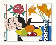 a painting of flowers and fruit in front of a window