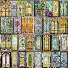 many different colored stained glass windows in the same pattern as each other, all on one wall