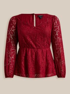 FIT Model is 5'10” wearing size 1. Measures 28” from shoulder. . MATERIALS + CARE Lace woven fabric. . 51% nylon, 49% cotton. Machine wash cold. Line dry or dry low. . Imported. . DETAILS Sweetheart square neckline. . Blouson sleeves. . The best plus size women's peplum lace puff sleeve top tops in rhubarb made of lace. Torrid is your destination for the freshest spring and summer styles. Torrid is your destination for plus size SALE > CLEARANCE merchandise. Lace Puff Sleeve Top, Puff Long Sleeve Top, Peplum Lace, Plus Size Peplum, Lace Weave, Chiffon Tunic, Black Tunic Tops, Puff Long Sleeves, Summer Styles