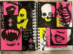 an open notebook with images of different faces and words on it that say nothing can save us