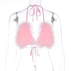 F00186243-200 Feather Crop Top, Feather Top, Summer Party Outfit, Feather Tops, Womens Halter Tops, Pink Fur, Halter Tank, Triangle Bra, Rave Outfits