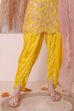 Yellow kurta with floral zari, sequin and gota cutwork embroidery. Paired with an overlap style scallop trimmed dhoti pant and contrast blush pink organza cutwork dupatta. - Aza Fashions Traditional Designer Pants With Gota Work, Bollywood Style Bottoms For Navratri Designer Wear, Traditional Designer Bottoms For Navratri, Designer Traditional Drape Bottoms For Eid, Traditional Designer Pants For Navratri, Traditional Pants With Gota Work For Diwali, Designer Wear Traditional Drape Bottoms For Eid, Traditional Drape Fitted Pants For Eid, Designer Traditional Drape Pants For Diwali