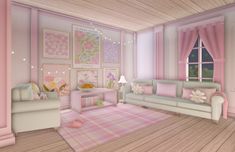 a living room filled with furniture and pink walls