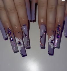 @princesssaucey Ongles Bling Bling, Quince Nails, Quinceanera Nails, Purple Acrylic Nails, Long Acrylic Nail Designs, Lavender Nails, Drip Nails, Nails Design With Rhinestones, Cute Acrylic Nail Designs