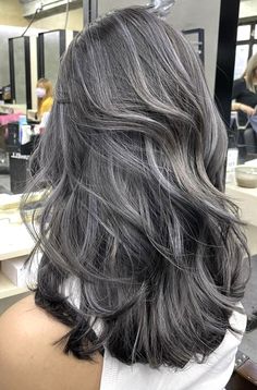 Dark Hair Styles, Hair Styles To Try, Ash Grey Hair, Gray Blending, Grey Blending, Dark Grey Hair, Beautiful Gray Hair