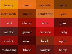 the names of different types of fruits and vegetables are shown in red, orange, yellow, pink, purple, green