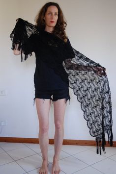 70's hand crochet black wool scarf / witchy spiderweb elegance! Handmade Black Bohemian Shawl, Black Wedding Shawl Scarf, Black Bohemian Shawl For Wedding, Elegant Black Lace Shawl, Crochet Spiderweb, Black Wool Scarf, Small Fringe, Mysterious Events, Crochet Black