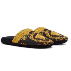 Size: Small ( 7us) S: 23 Cm Details: Cotton Sateen Slippers In Black. Signature Graphic Woven In Gold-Tone Throughout Padded Terrycloth Footbed And Sole Outer Composition: 100% Cotton Trim: 100% Cotton Supplier Color: Black Textile. Made In Italy Authenticity Can Be Confirmed At Any Versace Retailer Store Designer Black Round Toe Slippers, Designer Black Slippers With Round Toe, Luxury Closed Toe Slippers With Rubber Sole, Luxury Slippers With Rubber Sole And Closed Toe, Designer Black Slippers With Leather Sole, Luxury Slippers With Rubber Sole, Versace Shoes, Terry Cloth, Versace