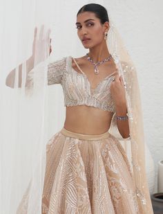 Embroidered blouse and lehenga with embroidered organza dupatta. Pearl Lehenga, Modern Lehenga, Mahima Mahajan, Lehenga Style Saree, Blouse Lehenga, Indian Bridesmaid Dresses, Crepe Blouse, Lehenga Style, Vacuum Storage