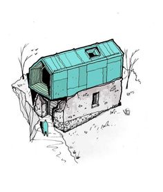 a drawing of a house on top of a cliff with a person walking up the side