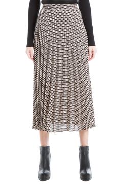 Crisp pleats create texture to a knee-length, midi skirt with decorative prints for an effortlessly chic look. Shell: 100% polyester; lining: 65% polyester, 35% rayon Dry clean Imported Model stats: 5'10" height, 32" bust, 25" waist, 36" hip. Model is wearing size S. Workwear Midi Length Pleated Skirt With Elastic Waistband, Pleated Midi Skirt With Elastic Waistband For Work, Workwear Pleated Skirt With Elastic Waistband, Elegant Knee-length Pleated Skirt With Elastic Waistband, Chic Pleated Skirt With Elastic Waistband, Knee-length Pleated Skirt With Elastic Waistband And Flowy Fit, Workwear Full Pleated Skirt With Elastic Waistband, Chic Midi-length Pleated Skirt With Elastic Waistband, Chic Knee-length Pleated Skirt With Elastic Waistband