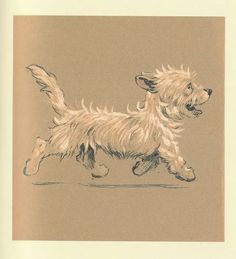 a drawing of a small dog running across a brown background with white border around it