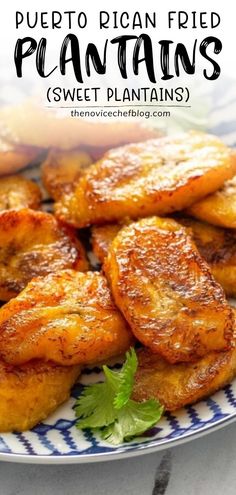 some fried plantains on a plate with parsley in the foreground and text overlay