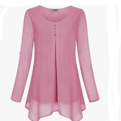 Hibelle Women's Roll-Up Long Sleeve Round Neck Casual Chiffon Blouse Top Color: Rose Pink Sized: Medium, Xl, 2xl New, Never Worn (Some Without Price Tags) This Is A Beautiful, Dressy Tunic Top. It Has A Chiffon Over Blouse With An Opaque Under-Blouse. Sheer Sleeves. It Hangs Well Perfect For School, Work, Church, Special Events And More! So Versatile And Can Be Paired With Skirts, Leggings, Slacks, Jeans, Shorts, Etc With Sleeve Rolled Up Or Straight. 629 Pink Long Sleeve Chiffon Top, Pink Chiffon Blouse For Fall, Casual Chiffon Top For Layering, Casual Pink Chiffon Top, Flowy Pink Chiffon Blouse, Long Sleeve Pink Blouse For Layering, Elegant Pink Chiffon Top, Casual Pink Chiffon Blouse, Pink Sheer Long Sleeve Top