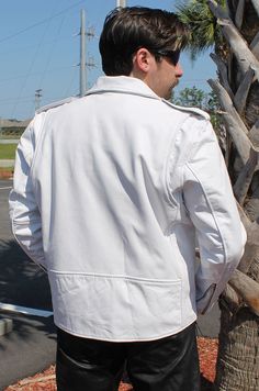 NOW UP TO SIZE 56 (5X). Classic style men's white leather jacket with inside chest concealed pocket hidden inside the left chest. This men's white motorcycle jacket is also ideal for tall women. A white biker jacket with a quilted lining for cool weather riding, snap down collar, zip front pockets to keep the stuff in, zip cuffs to keep the wind out, small flap lighter pocket, and best of all, it's made from durable yet soft white cowhide leather. If you want to ride a little cooler (vs wearing black) this is the jacket for you. Concealed carry pocket has barrel loop inside to keep your protection handy and in place. Sizes: 38, 40, 42, 44, 46, 48, 50, 52, 54, 56. +$10 for 48-52 +$20 for 54-56. [6#] concealed pocket on left chest snap down collar zip front pockets (3) zip cuffs quilted lini White Biker Leather Jacket For Spring, White Biker Leather Jacket For Fall, White Moto Outerwear For Streetwear, White Leather Jacket For Streetwear In Fall, White Leather Jacket For Fall Streetwear, White Moto Leather Jacket For Fall, White Moto Biker Jacket For Spring, Classic White Biker Jacket For Fall, Classic White Leather Jacket With Long Sleeves