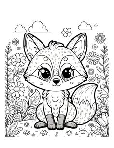 a cute little fox sitting on the ground with flowers and clouds in the background coloring page