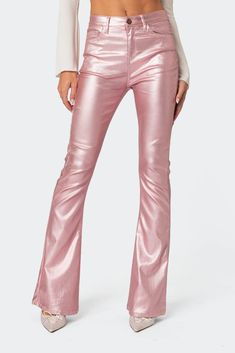 Luna Faux Leather Flare Jeans – edikted Chic Pink Leather Pants For Party, Fitted Flare Jeans For Party In Fall, Fitted Flare Jeans For Fall Party, Shiny Fitted Bottoms For Fall, Trendy Shiny Bottoms For Fall, Red Stretch Faux Leather Bottoms, Stretch Red Faux Leather Bottoms, Fitted Faux Leather Flare Bottoms, Fitted Flare Faux Leather Bottoms