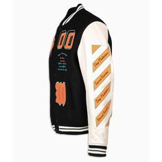 download (18) Off White Varsity Jacket, Cafe Racer Moto, Vintage Cafe Racer, Leather Varsity Jackets, Moto Biker Jacket, Vintage Cafe, Black And Orange, Genuine Leather Jackets, Shearling Jacket