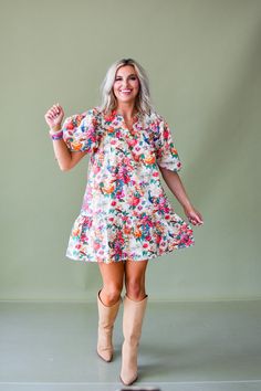 Fall florals come to life in the Charlee Floral Mini Dress. This flowy fit dress features gorgeous colors and darling puff sleeves. Perfect for a day out in boots or dressed up with heels. A must-have for any fashion-forward wardrobe. Product Details: Measurements: BUST small 19.5" medium 20" large 20.5" LENGTH small 32.5" medium 33" large 33.5" 100% cotton puff sleeves mini dress flowy fit model wearing size small model stats: size 4, 5'5 Mini Dress Flowy, Multicolor Knee-length Mini Dress With Vibrant Print, Vibrant Long Sleeve Floral Print Mini Dress, Multicolor Vibrant Print Knee-length Mini Dress, Summer Floral Print Non-stretch Mini Dress, Skort Outfit, Nickel And Suede, Vibrant Floral Print V-neck Mini Dress, Dress Flowy