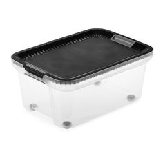 a plastic container with black lid and handles