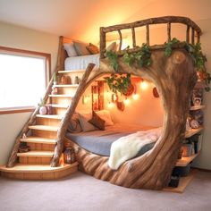 a bedroom with a tree bed and stairs