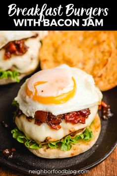 breakfast burgers with bacon and an egg on top