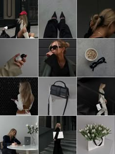 the collage shows many different images of women in black and white outfits, with one woman holding a cell phone