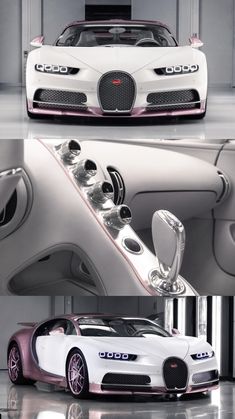 the bugatti concept car is shown in three different views