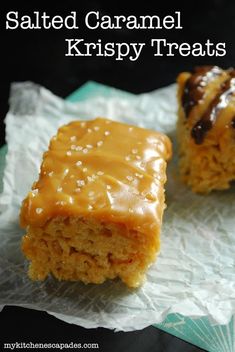 salted caramel krispy treats with chocolate drizzled on top and the words salted caramel krispy treats above them